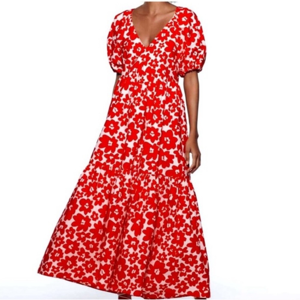 Zara Red and White Tiered Maxi Dress with Puff Sleeves